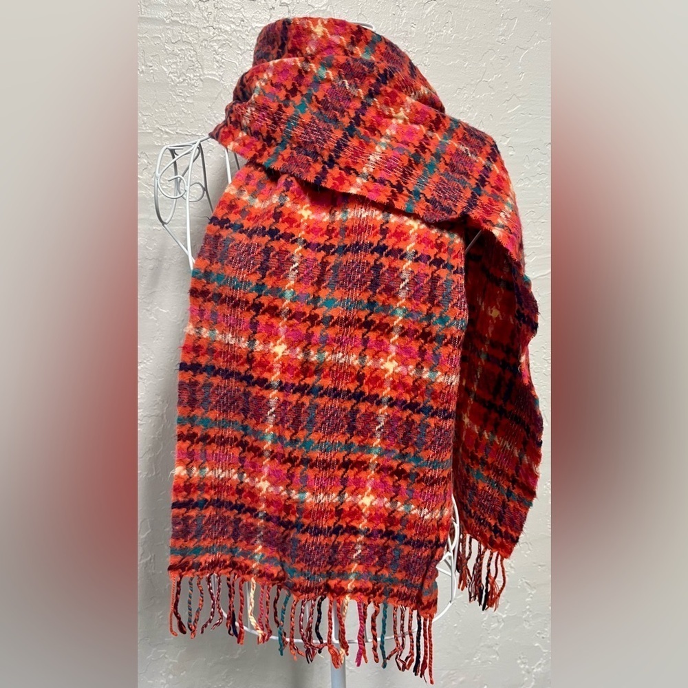 D&Y Softer Than Cashmere red Orange Multicolor Plaid Scarf 62 X 11